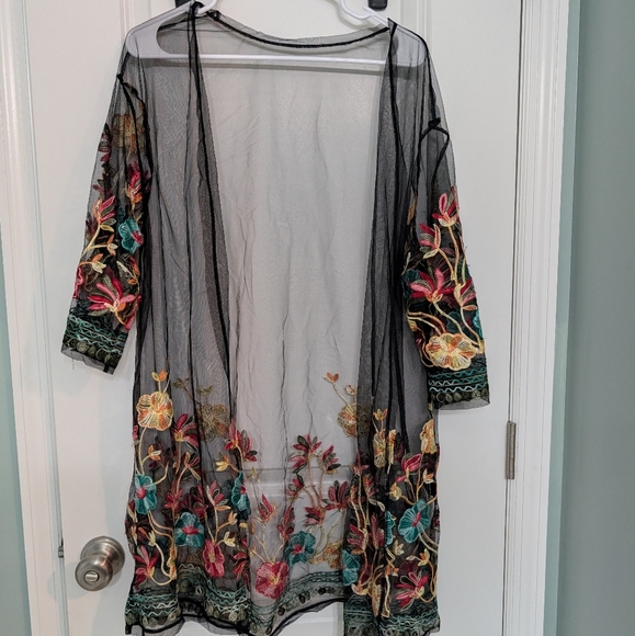 Sheer Floral Embroidered Kimono, - Picture 2 of 4